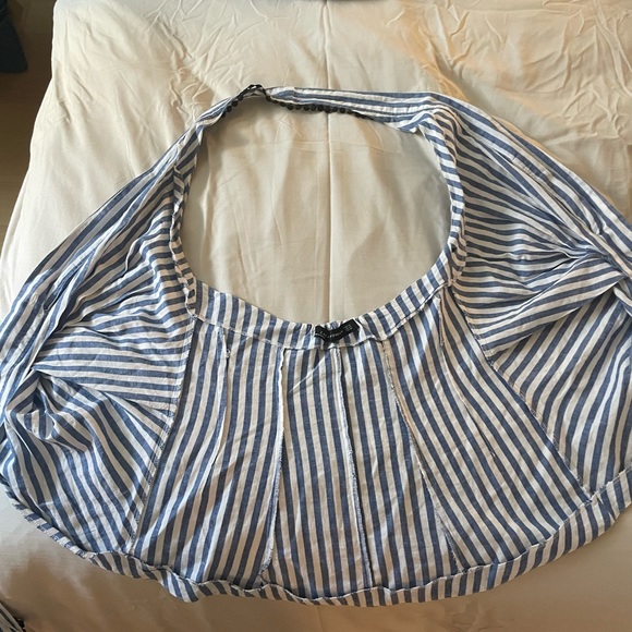 Zara Blue/White Striped Halter Wrap Top with Embroidery - Picture 9 of 9